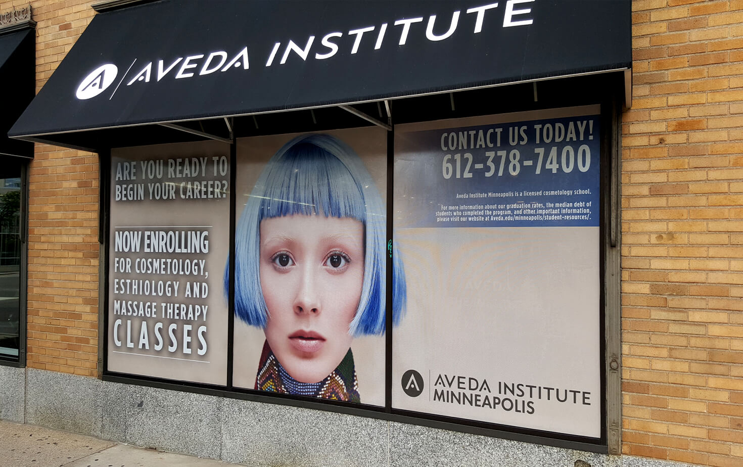 Aveda Institute exterior storefront window graphics