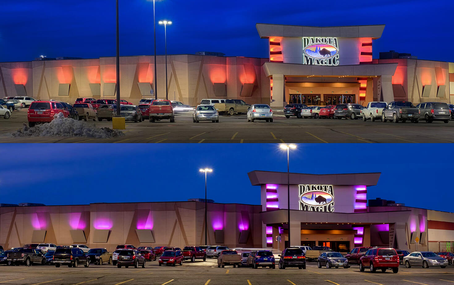 Dakota Magic Casino Hankinson ND Building Exterior Architectural Lighting and Channel Letters Purple and Orange Lighting