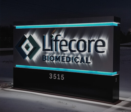Lifecore BioMedical Chaska MN Monument Sign night view Reverse Mount Channel Letters
