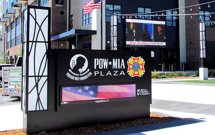 POW MIA Plaza West Fargo ND Daktronics EMC Custom Monument sign with accent lighting bar