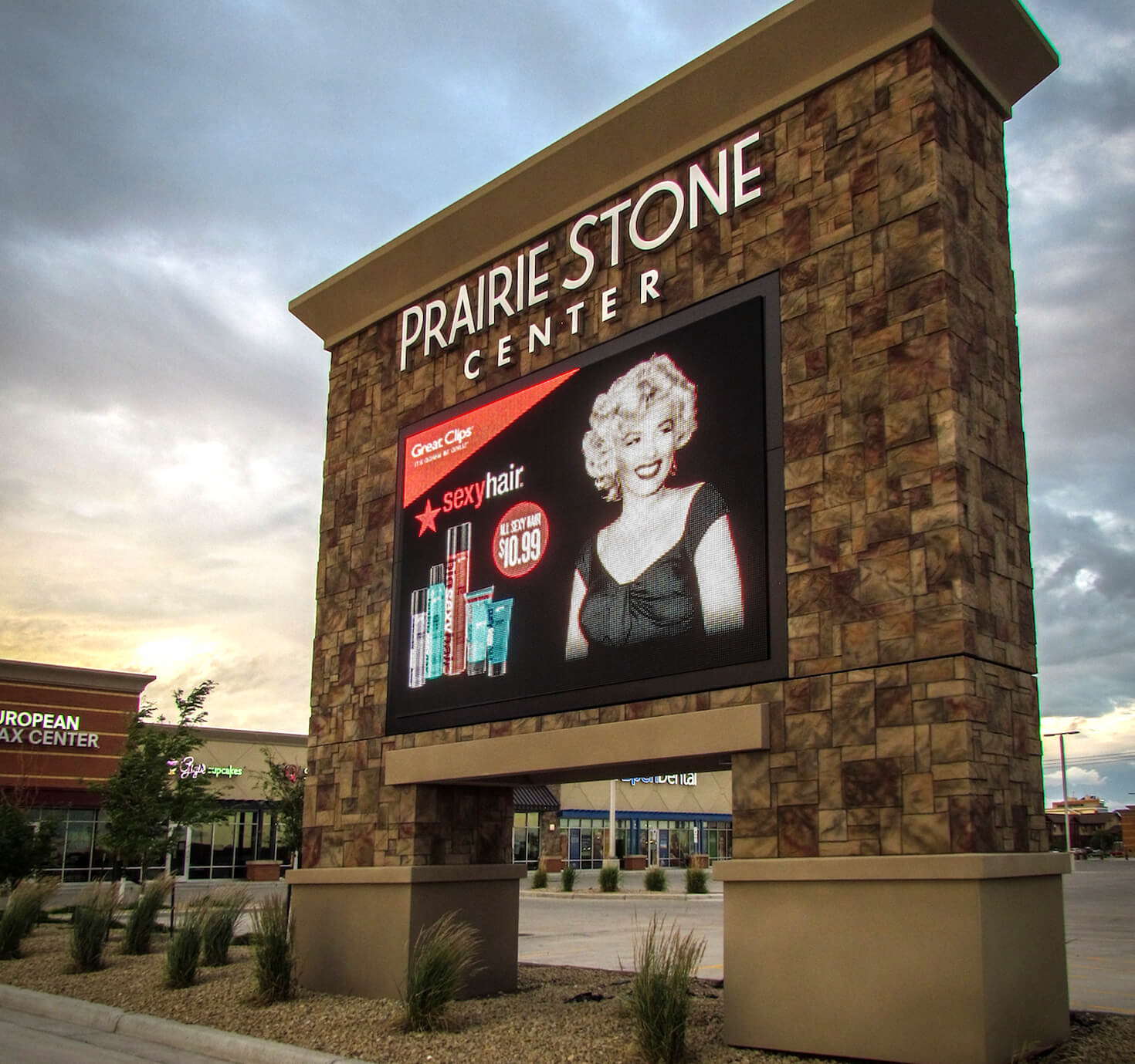 Prairie Stone Center Brick Pylon Sign with Large Digital Display Fargo ND
