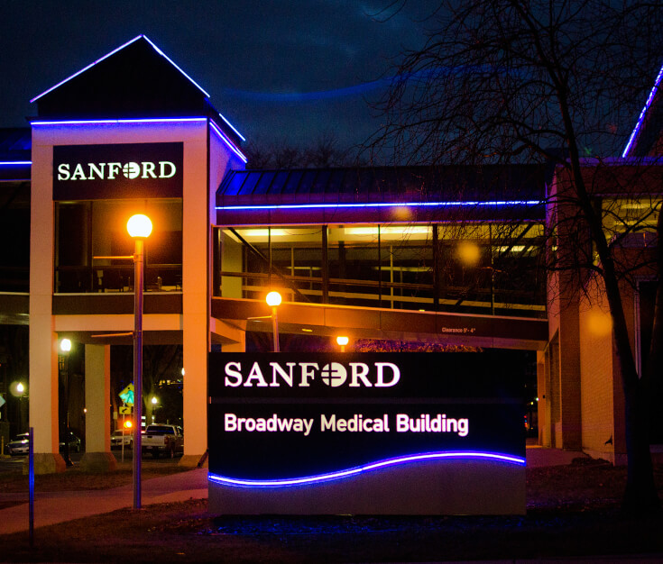 Sanford Health Fargo ND Monument LED Accent Lighting and Channel Letters Downtown