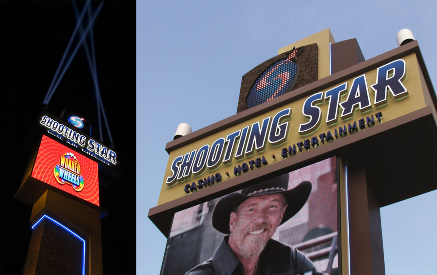 Shooting Star Casino in Mahnomen MN Exterior Pylon Sign Header showcasing Digital Display and Accent Lighting