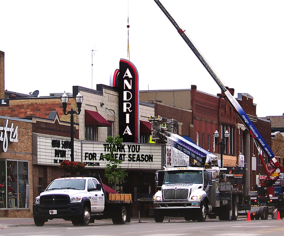 Andria Theater Marquee Signage installation in downtown Alexandria MN