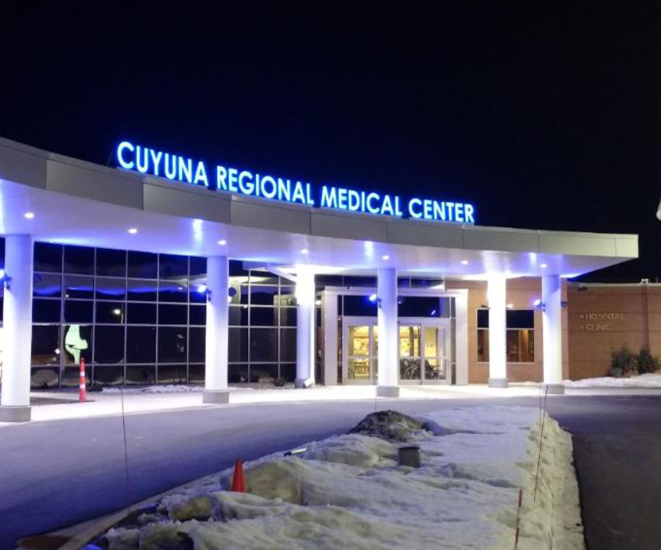 Cuyuna Regional Medical Center Front Entrance with RGB Color Changing Channel Letters at Night
