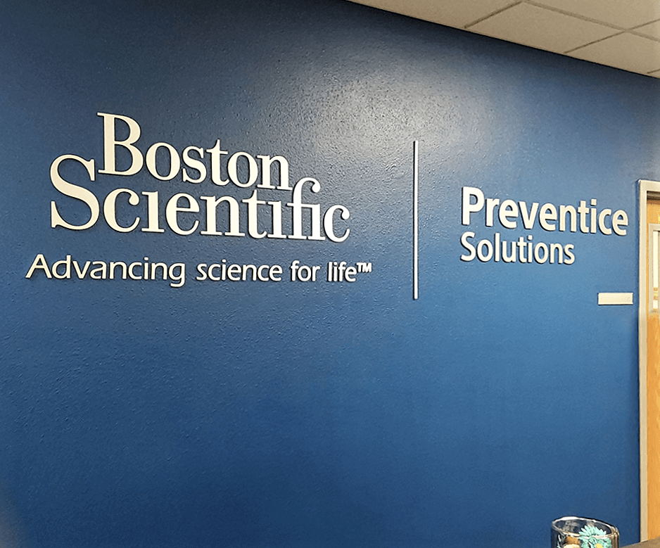 Interior Logo Boston Scientific Preventice Solutions sign on wall