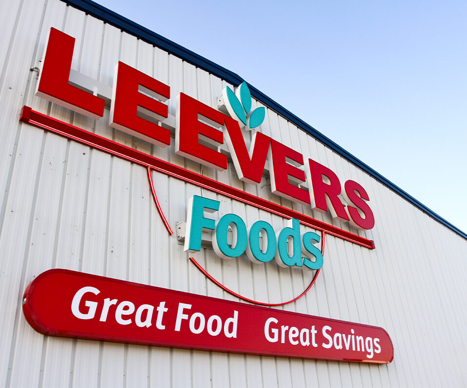 Leevers Foods logo channel letters on building grand forks nd