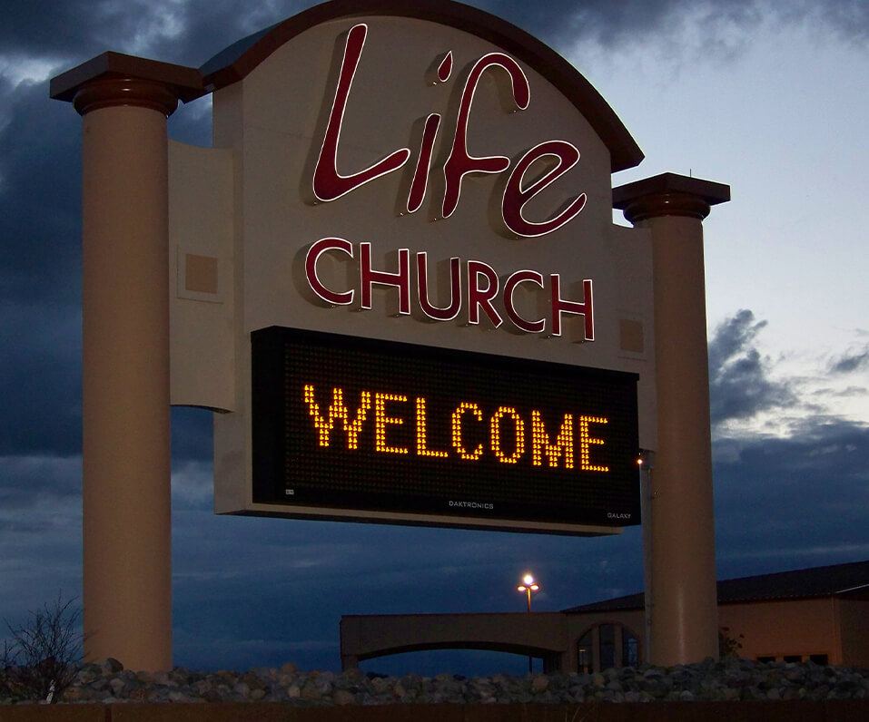 Life Church pylon sign with digital display
