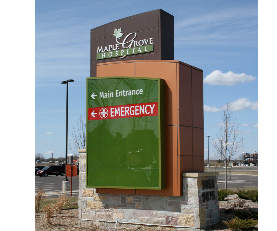 Maple Grove Hospital Interior Modern Wayfinding with Acrylic and wood accents