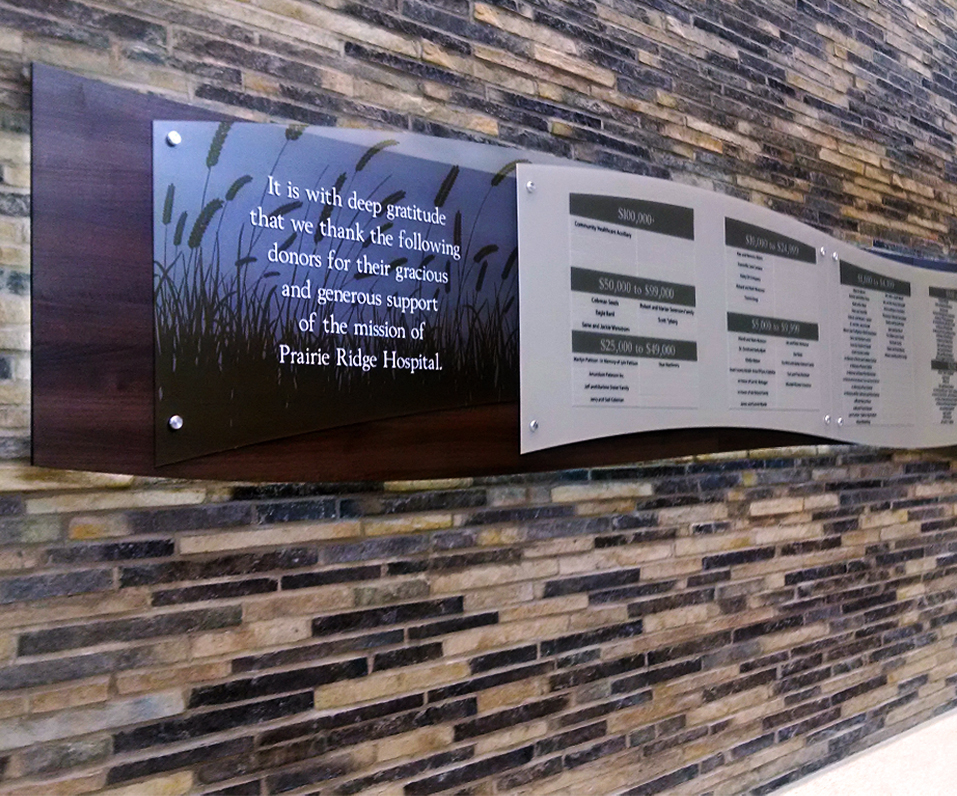 Prairie Ridge Hpspital Interior Donor Display Wood and Acrylic custom shaped with printed Graphics
